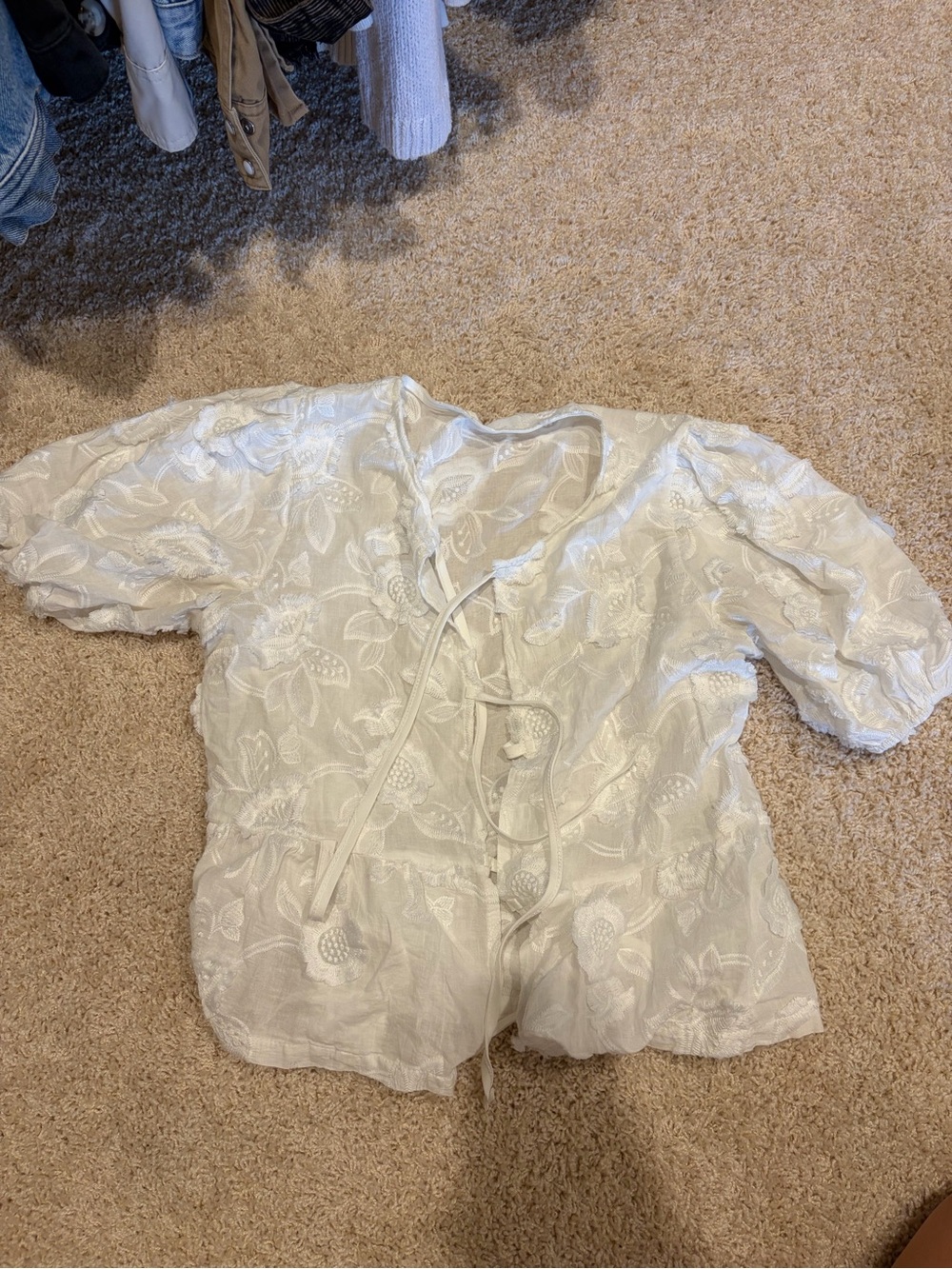 Women's White Embroidered Tie-Front Top
